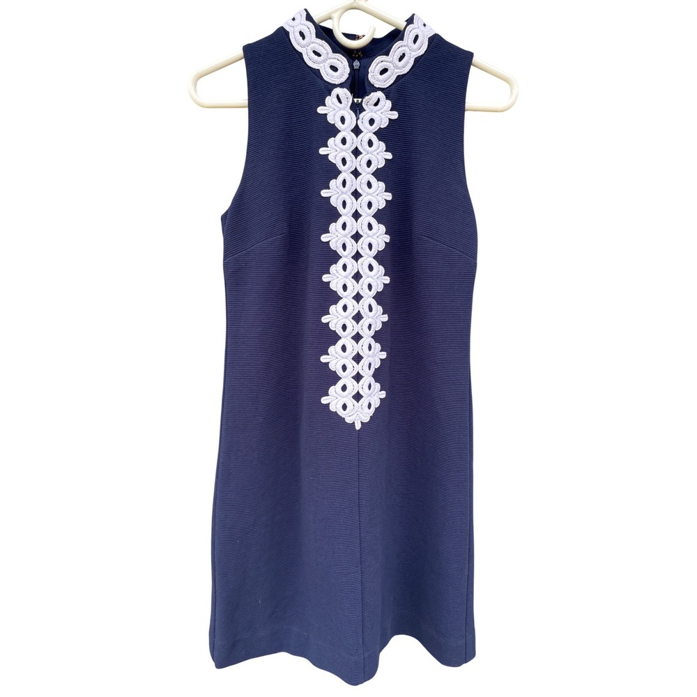 Lilly Pulitzer Womens Callista High Collar Shift Dress Navy Blue Lace Trim Sz M